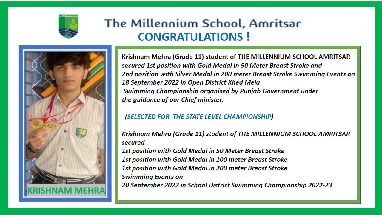 KRISHNAM MEHRA WINS GOLD AT 'School District Swimming Championship 2022-23'