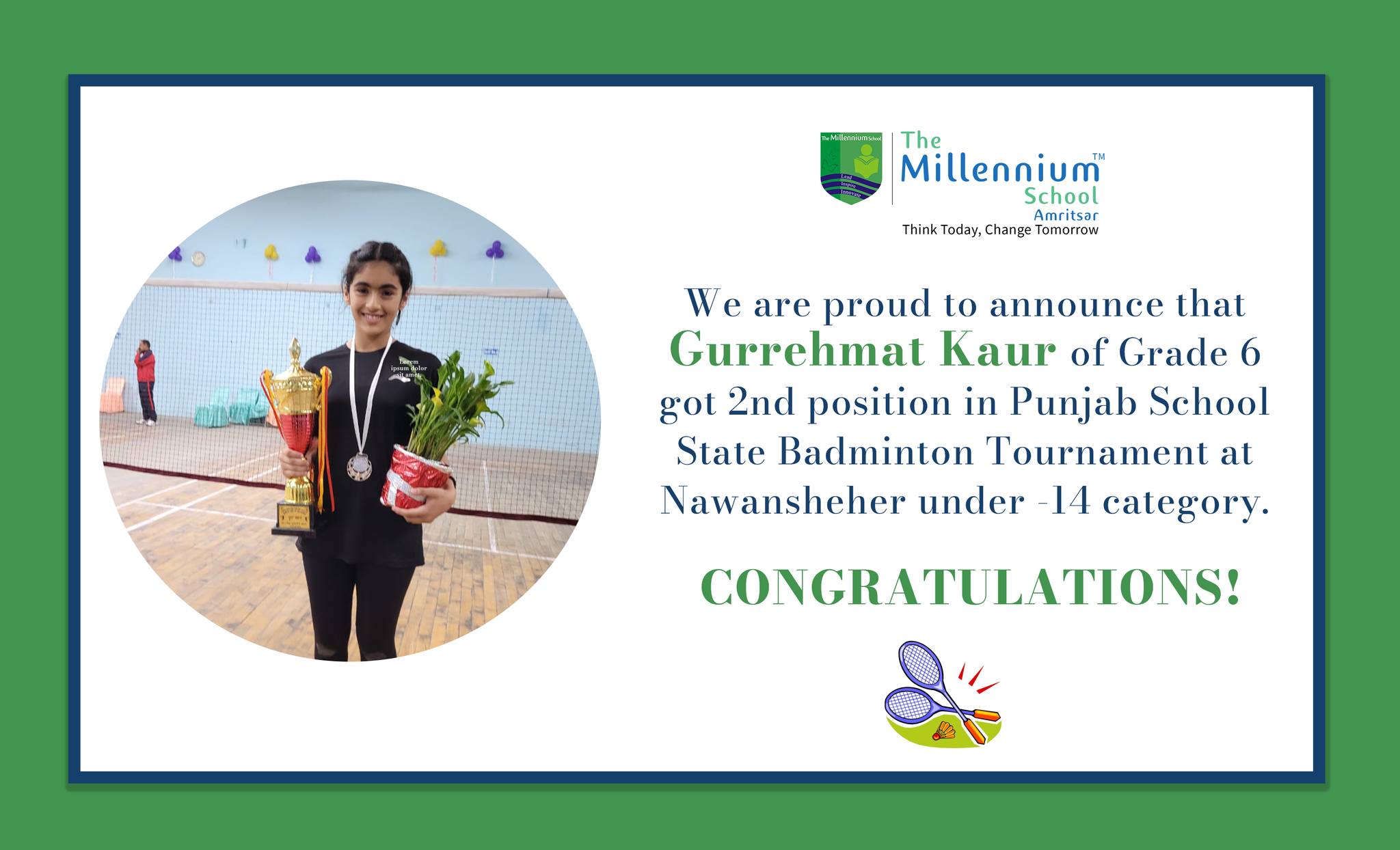 Gurrehmat bags second position in  State level Badminton Tournament
