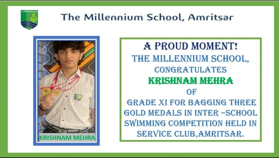 Krishnam Mehra (class 11)bags three gold medals in swimming