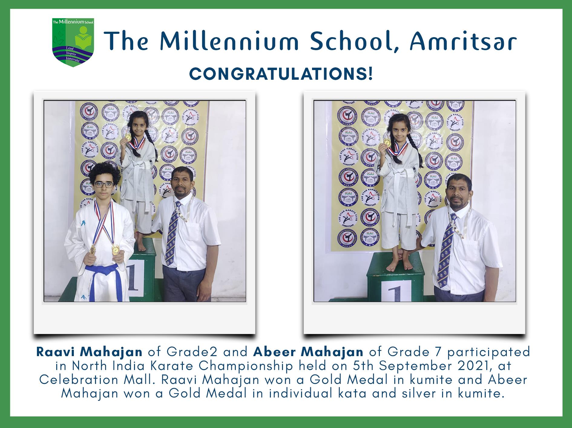 Raavi Mahajan Grade 2 and Abeer Mahajan Grade 7 win Gold Medal in North India Karate Championship