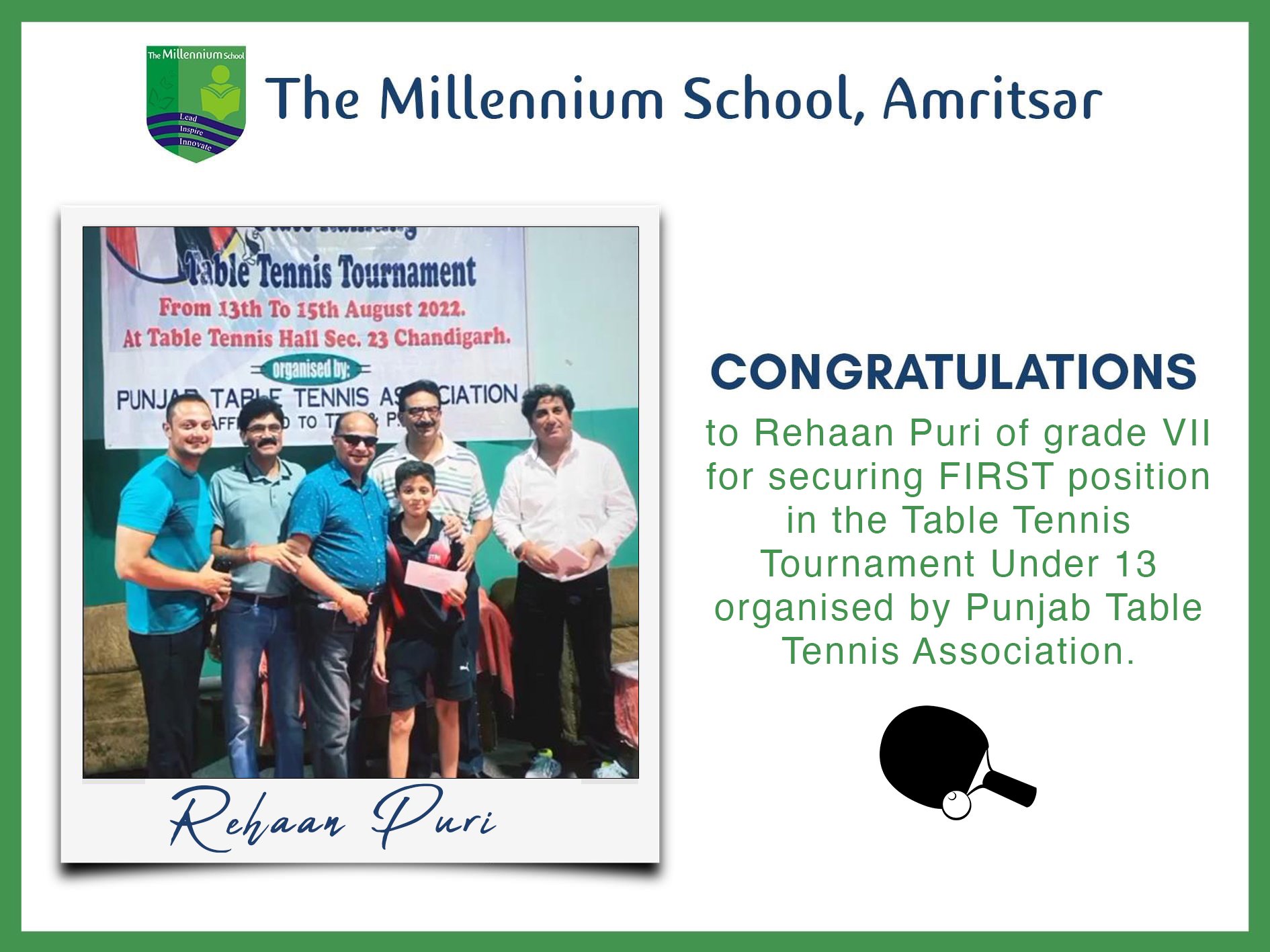 Rehaan Puri bags first position in UNDER-13 Table Tennis Tournament