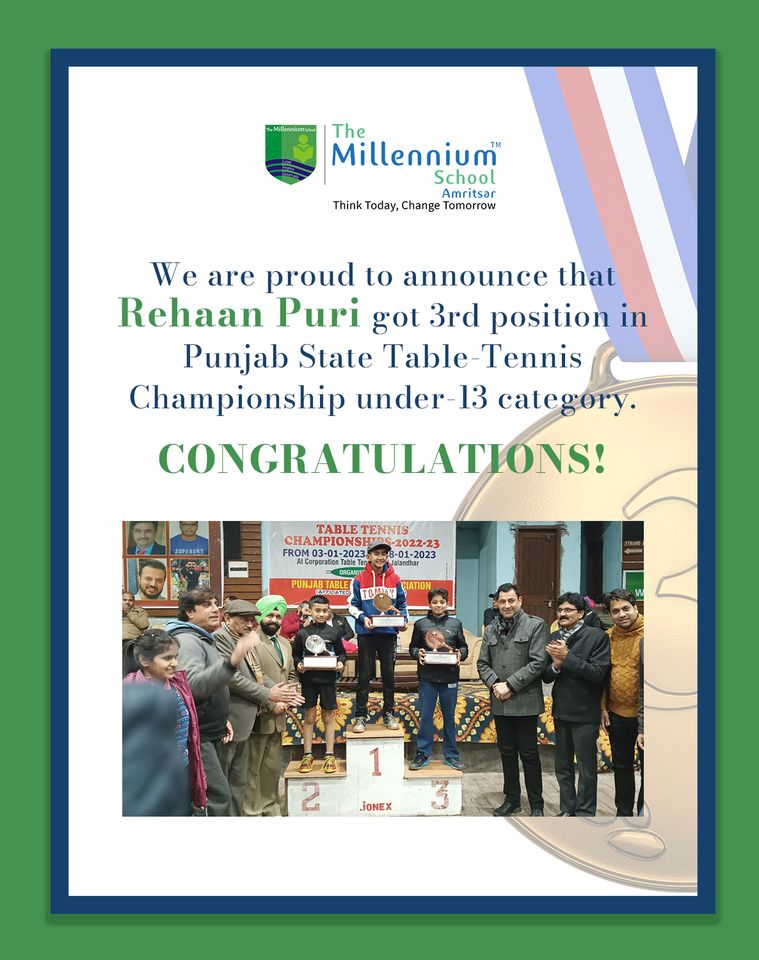 Rehan Puri class 7 bags third position in Punjab State Table Tennis Championship