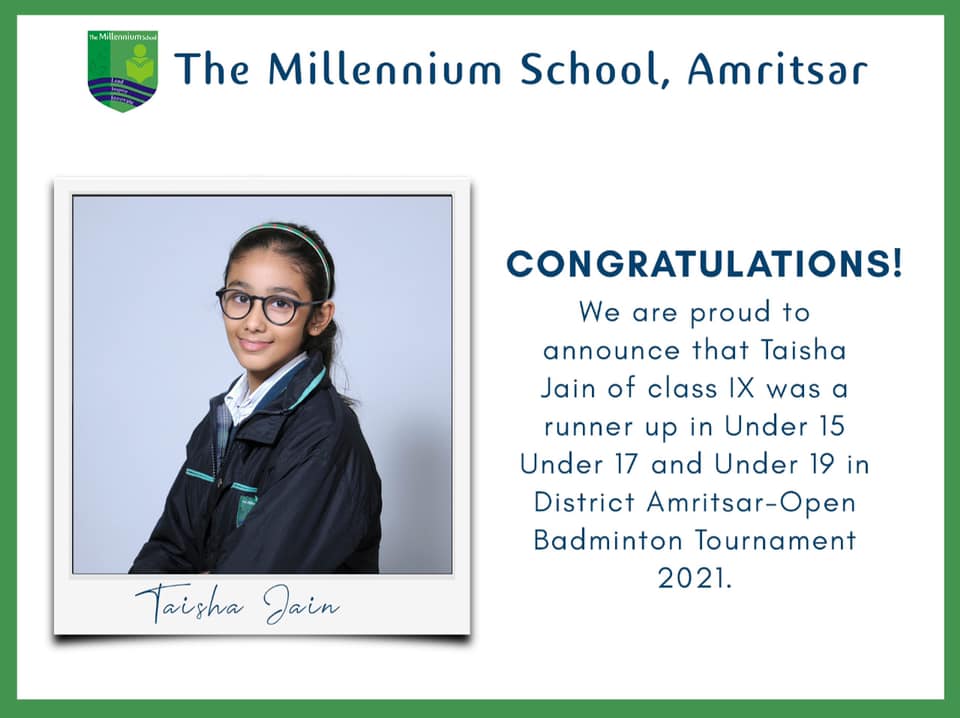 Taisha Jain wins(runner up)  Amritsar Open District Badminton Tournament 