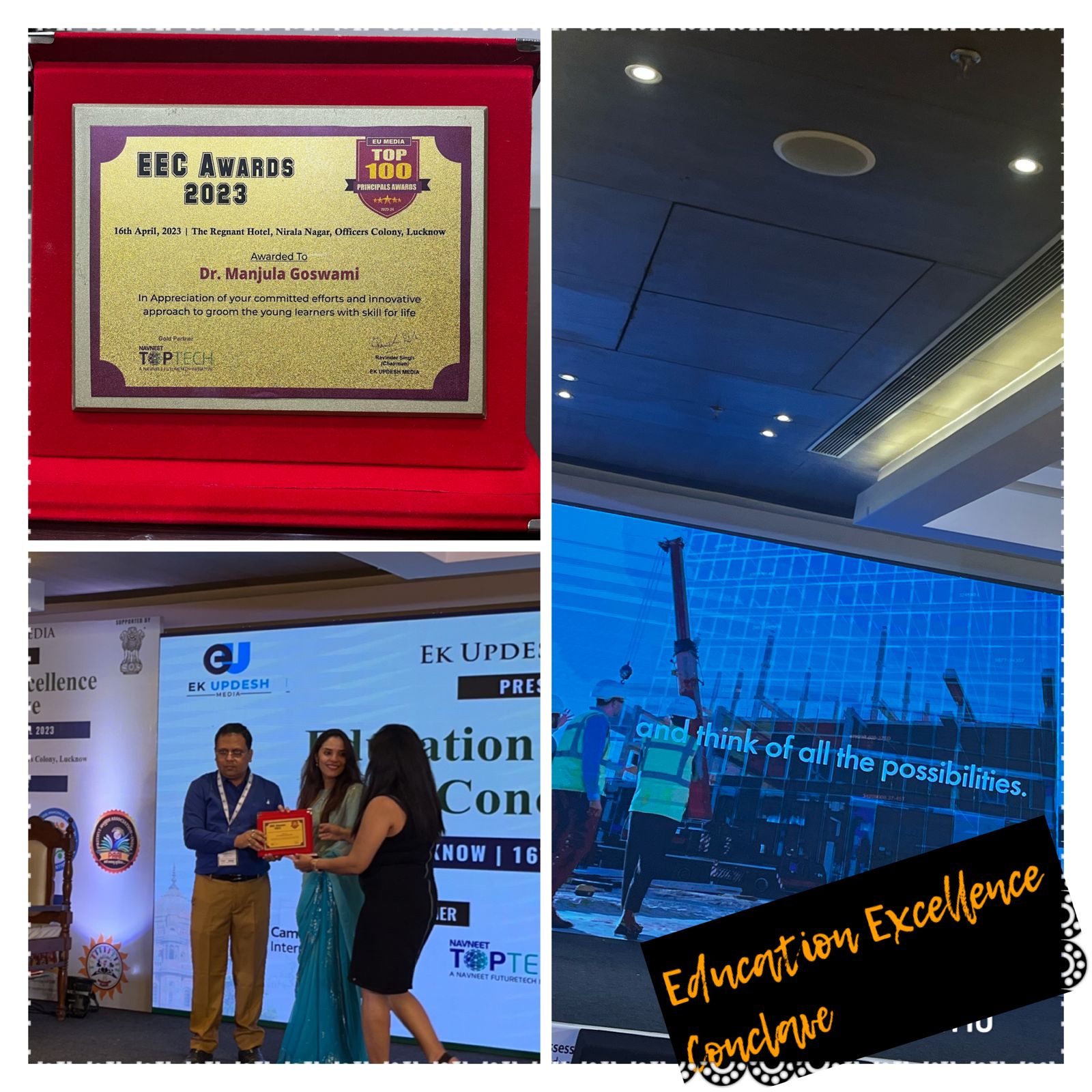 EEC AWARDS 2023 Our Dear Respected Principal ma’am Dr Manjula Goswami was conferred with the Education Excellence Award 2023 at Regnant Hotel for her committed and innovative efforts in the field of education to groom the young minds.