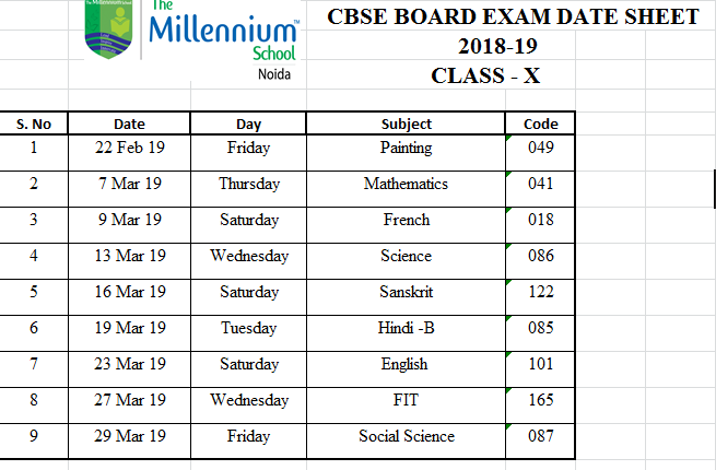 Class X Board Exam Datesheet 2018-19