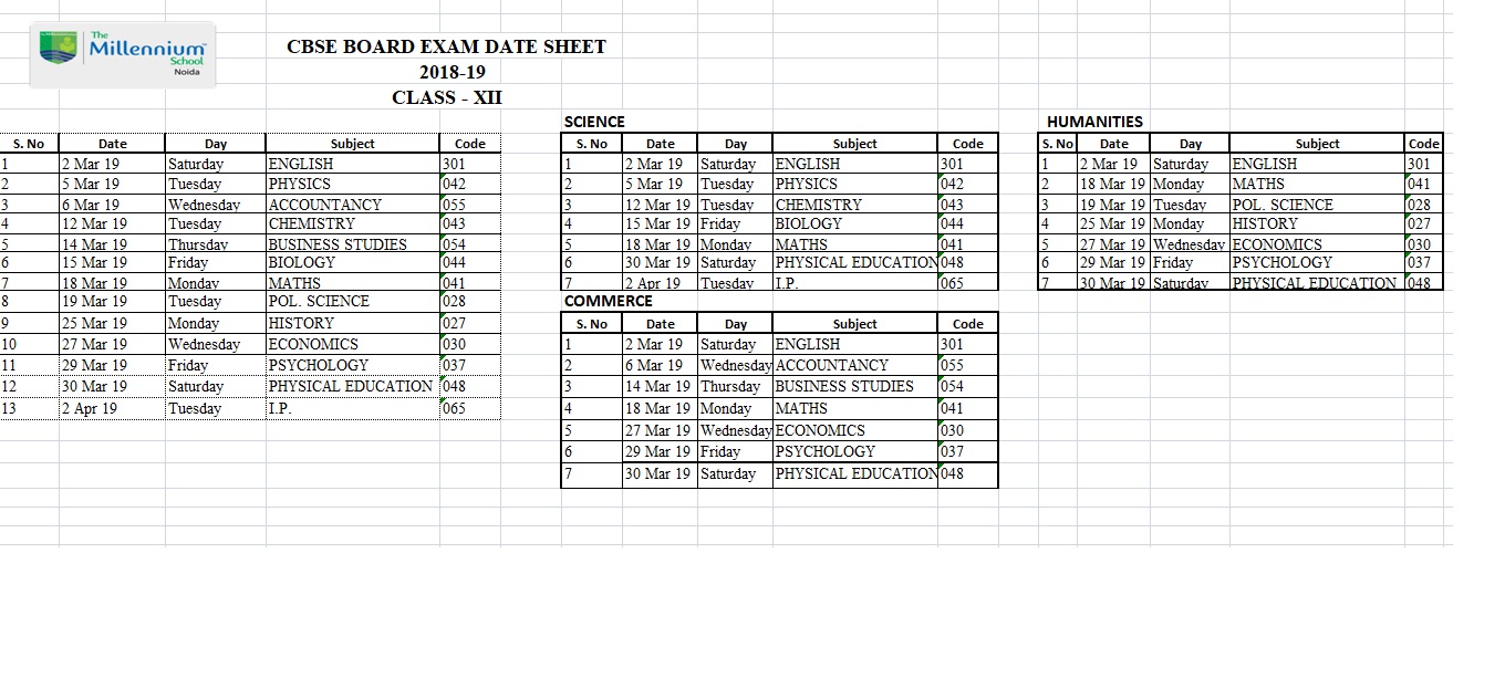 Class XII Board Exam Date sheet 2018-19